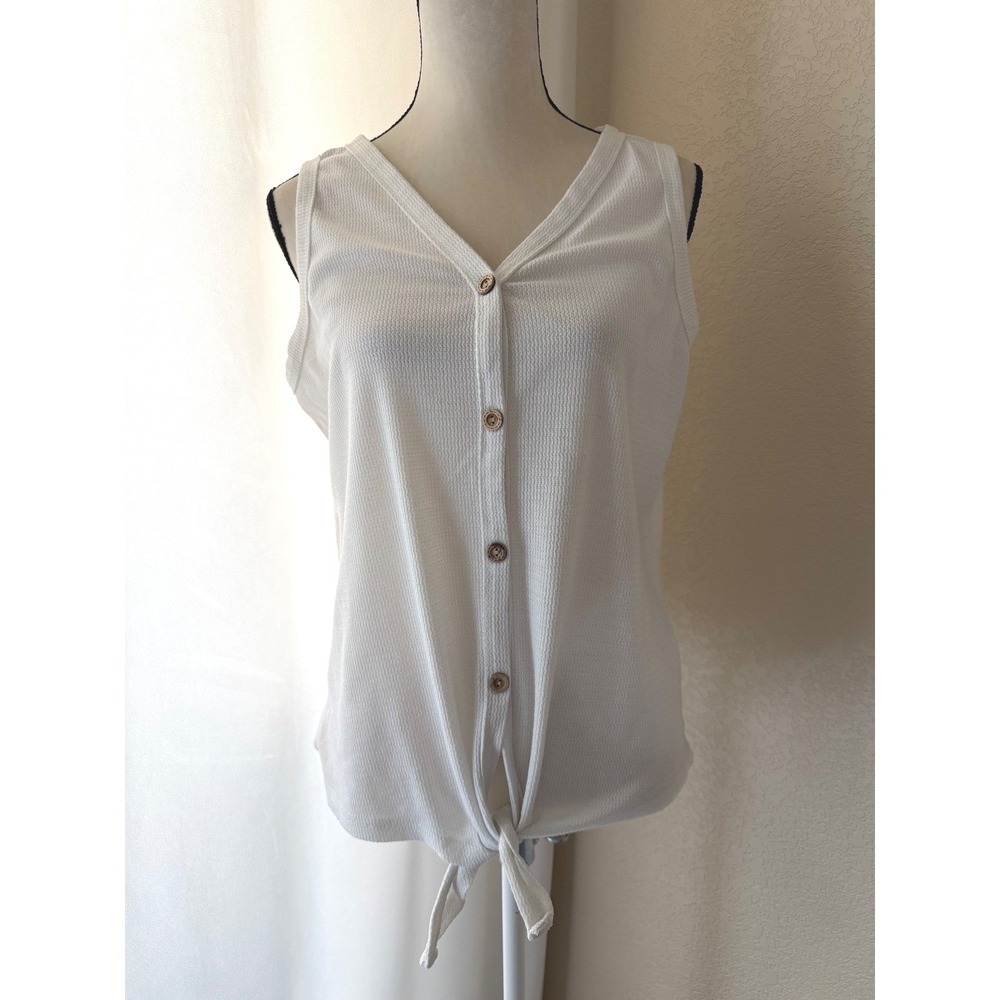 White Waffle Knit Button Front Tie Hem Tank Top Sleeveless V-Neck Largeβ